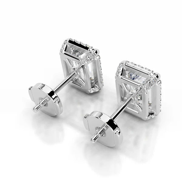 Emerald Cut Moissanite Silver Halo Earring