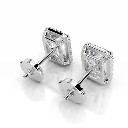 Emerald Cut Moissanite Silver Halo Earring