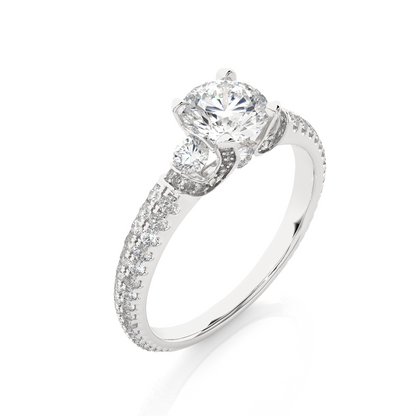 1.31 Ct Round Cut Lab Grown Diamond Three Stone Engagement Ring With Double Pave Shank