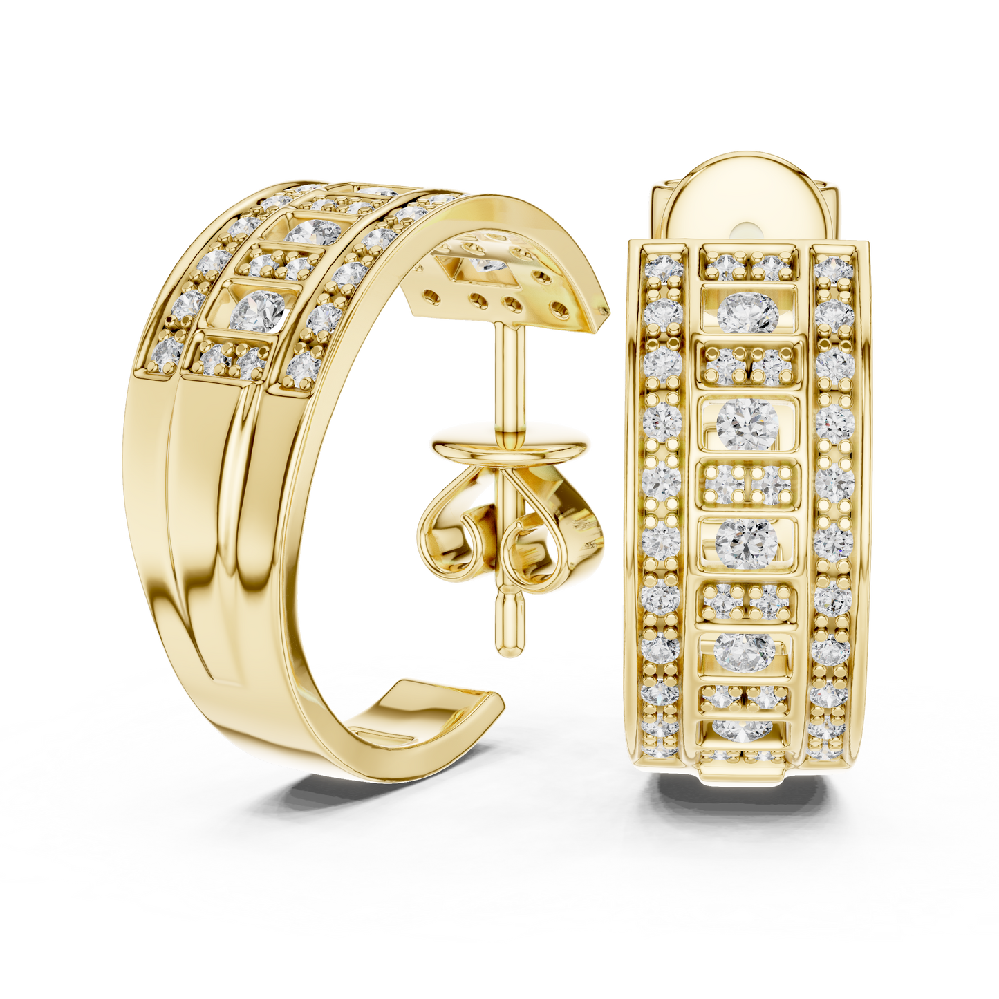 Lab Grown Diamond Wide Channel Set Half Hoop Earrings in Yellow Gold