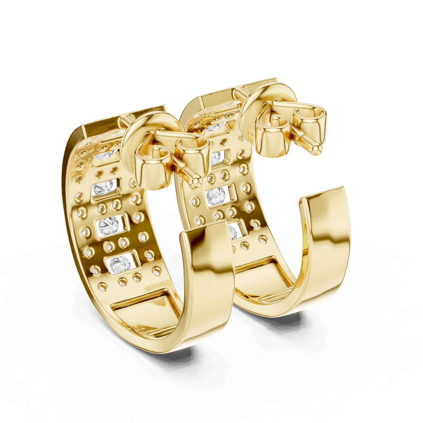 Lab Grown Diamond Wide Channel Set Half Hoop Earrings in Yellow Gold