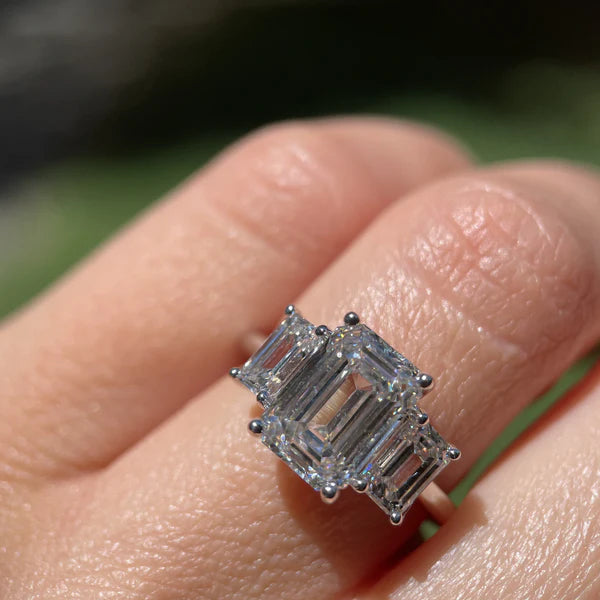 Emerald Cut Moissanite Three Stone Ring  Silver Engagement Ring