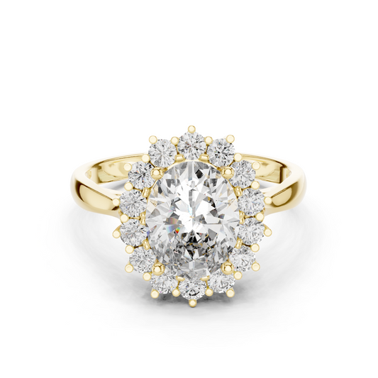 Oval Lab Grown Diamond Floral Halo Engagement Ring in Yellow Gold