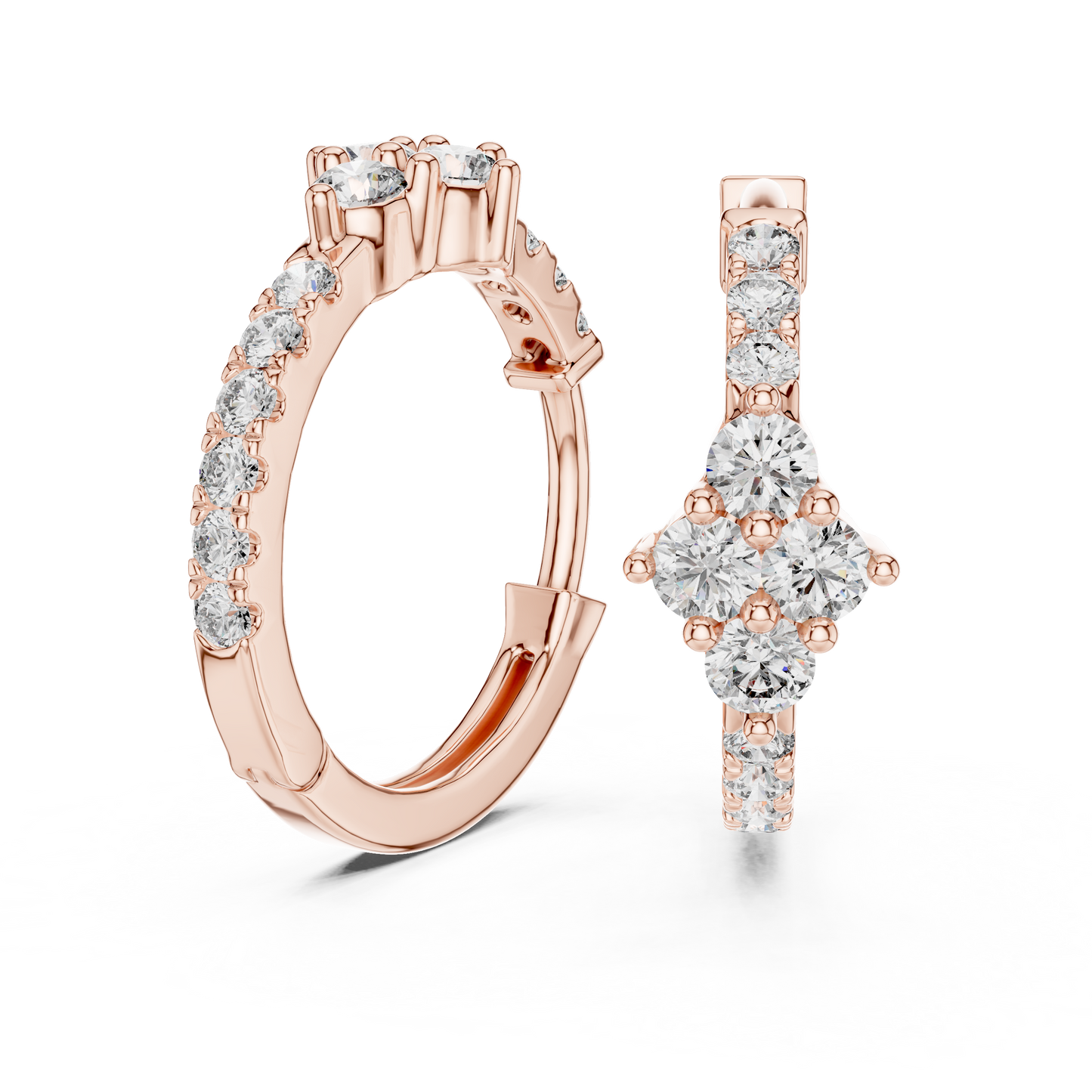 Round Lab Grown Diamond Rhombus Cluster Hoop Earrings in 14k Rose Gold