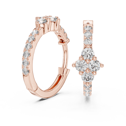 Round Lab Grown Diamond Rhombus Cluster Hoop Earrings in 14k Rose Gold