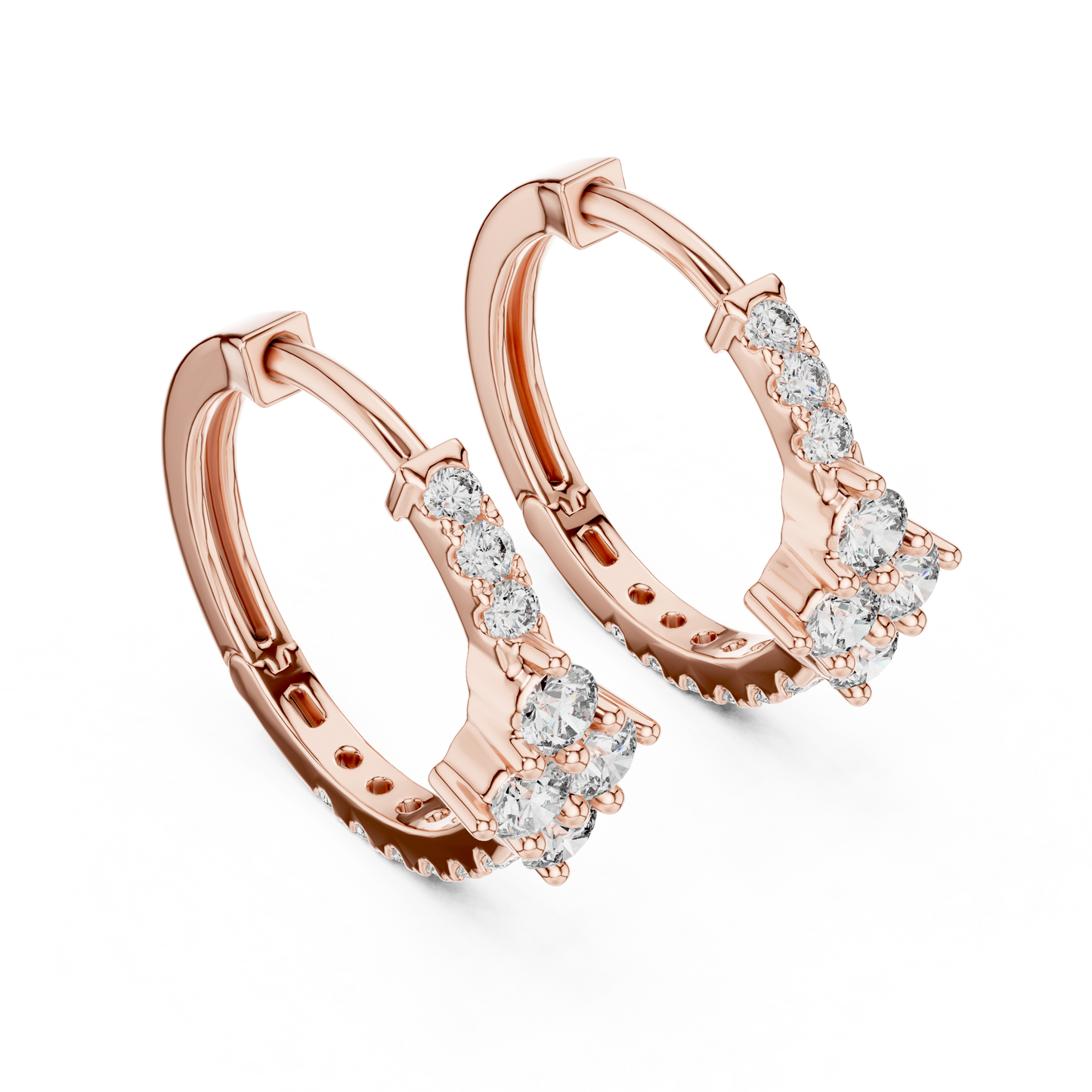 Round Lab Grown Diamond Rhombus Cluster Hoop Earrings in 14k Rose Gold