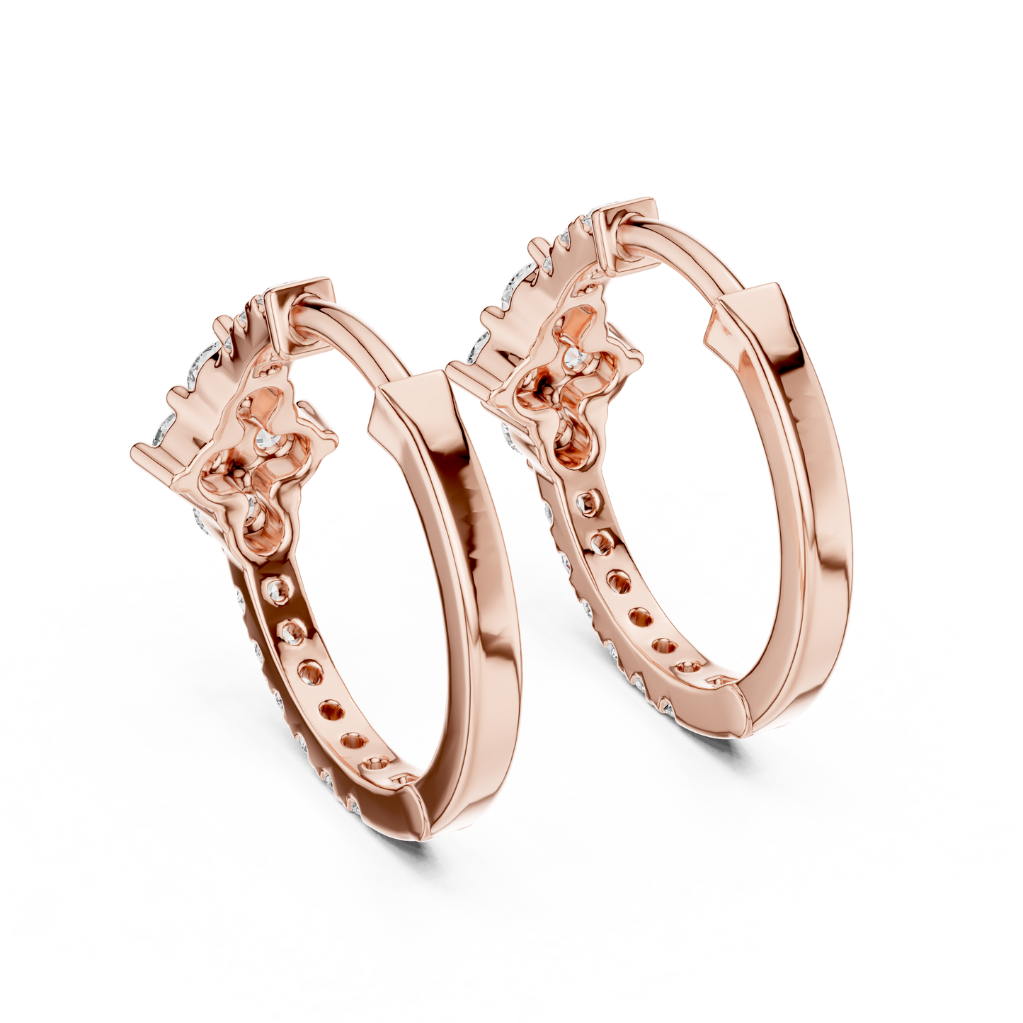 Round Lab Grown Diamond Rhombus Cluster Hoop Earrings in 14k Rose Gold