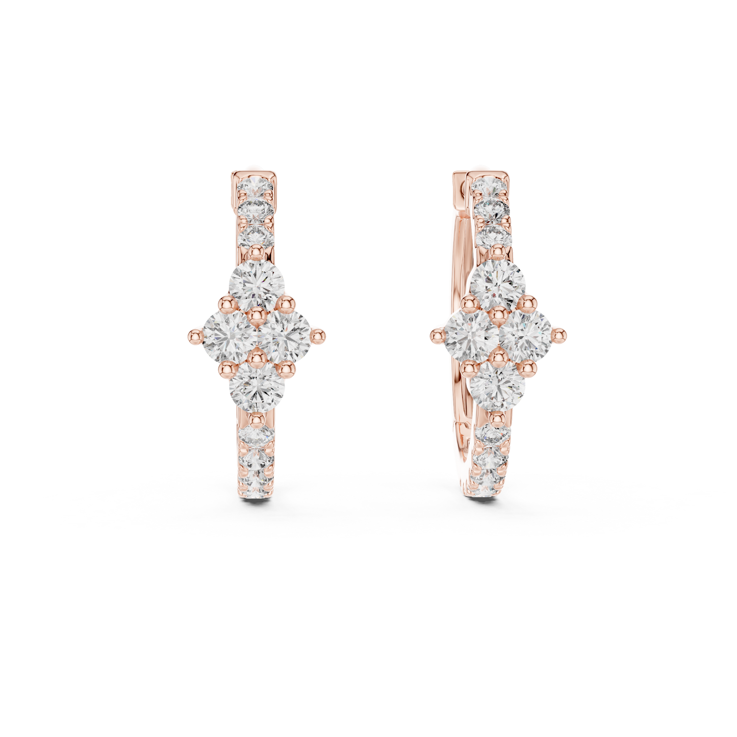 Round Lab Grown Diamond Rhombus Cluster Hoop Earrings in 14k Rose Gold