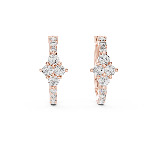 Round Lab Grown Diamond Rhombus Cluster Hoop Earrings in 14k Rose Gold
