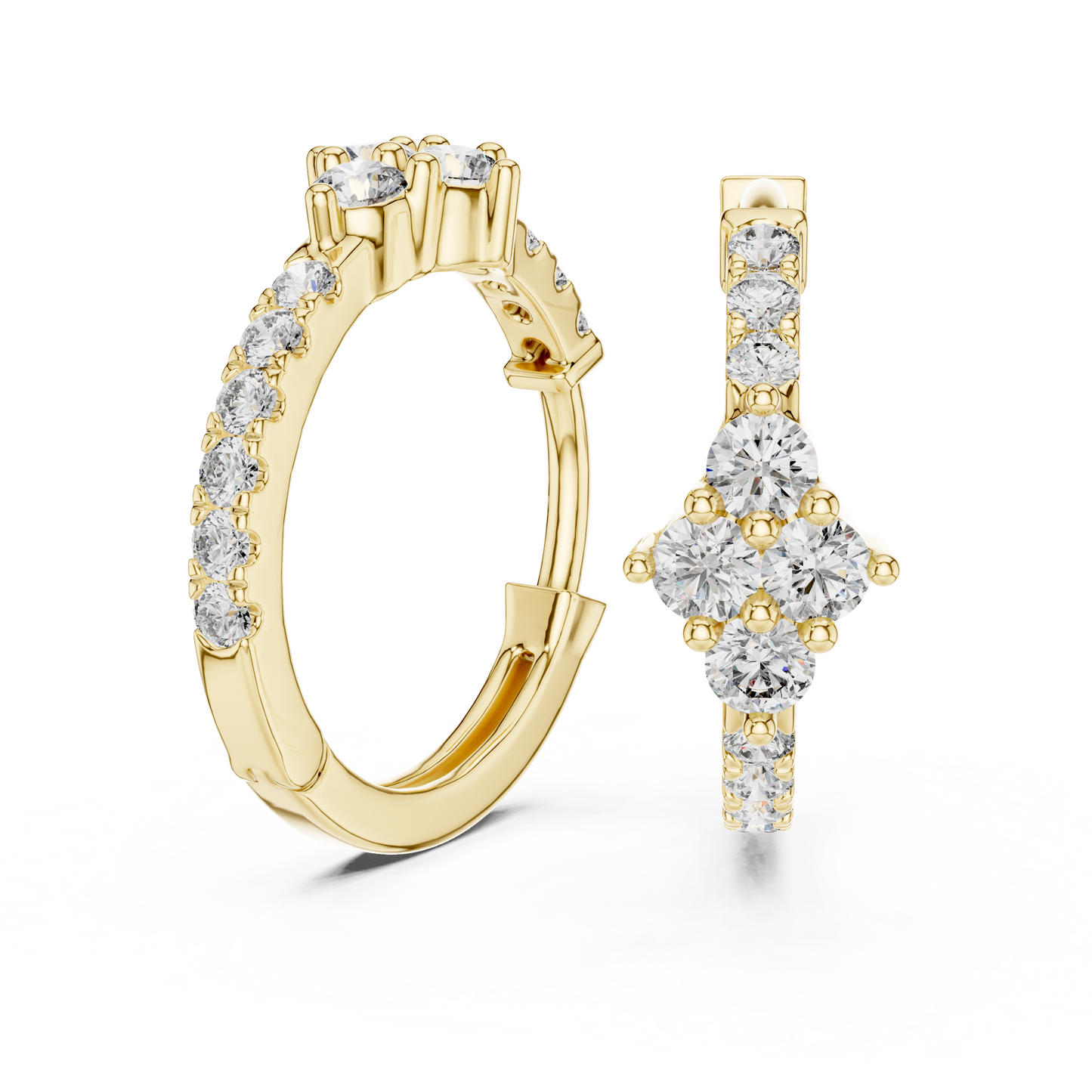 Round Lab Grown Diamond Rhombus Cluster Hoop Earrings in 14k Rose Gold
