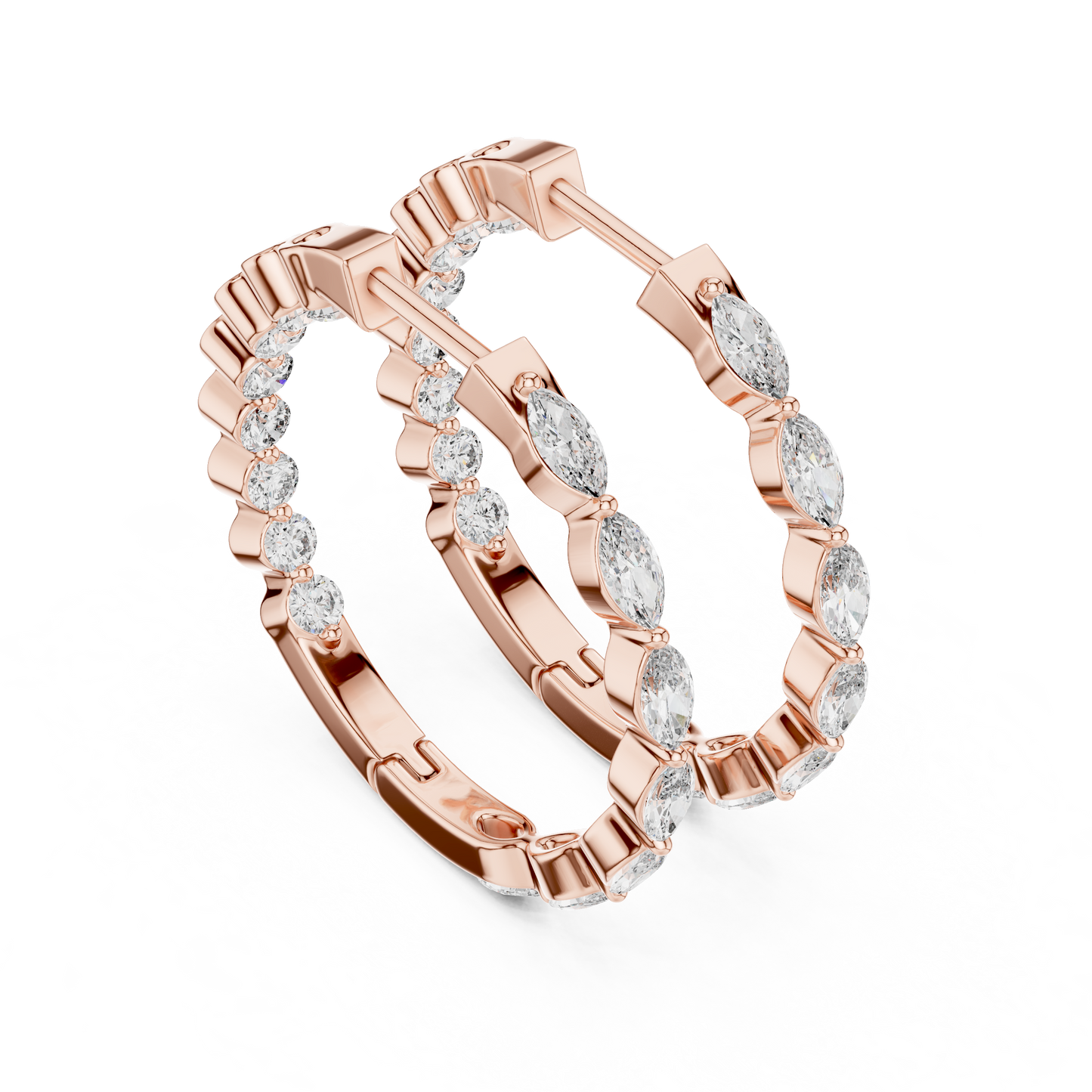 Marquise and Round Lab Grown Diamond Hoop Earrings in 14k Rose Gold