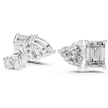 Toi et Moi Heart and Emerald Lab Grown Diamond Stud Earrings