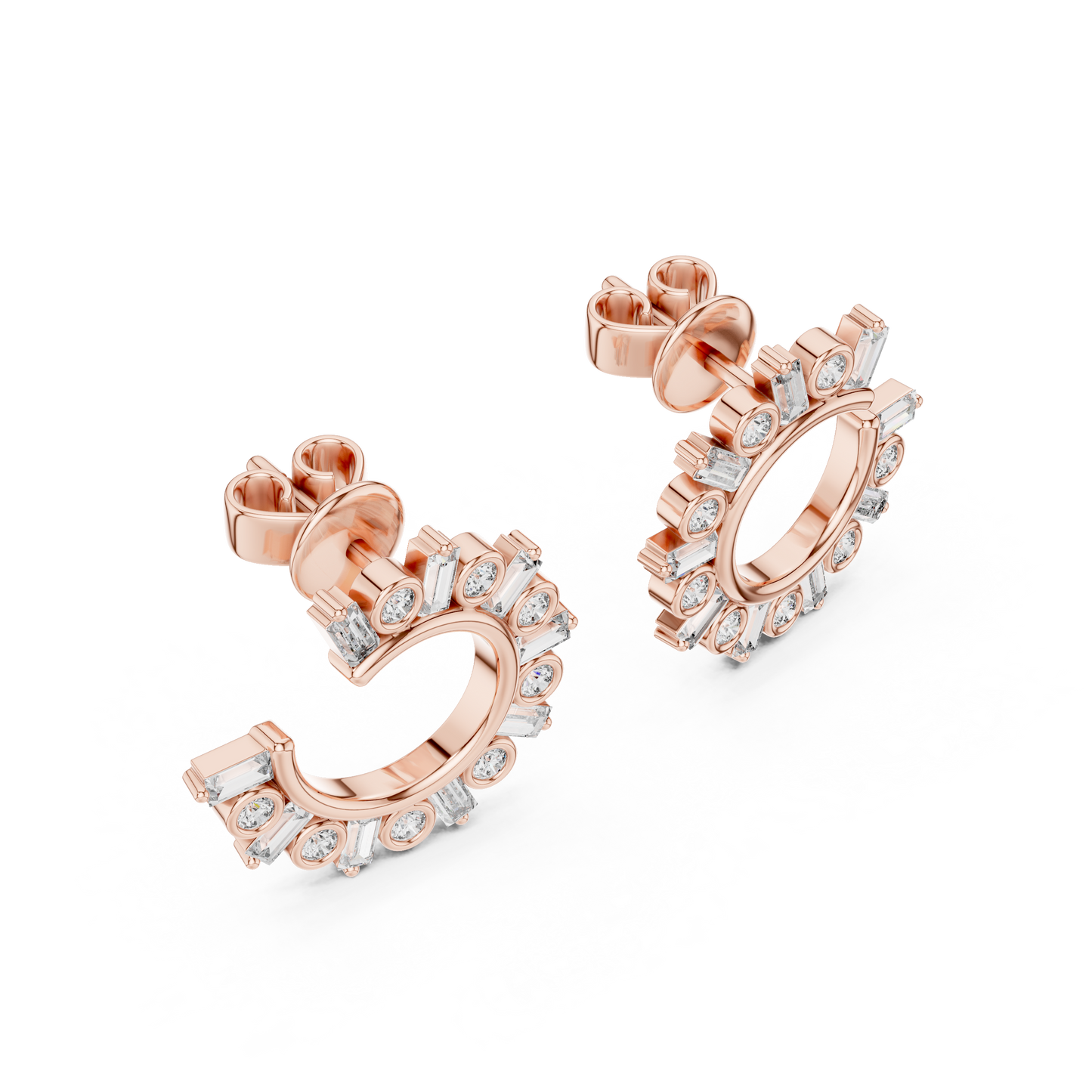 Baguette and Round Lab Grown Diamond Sunburst Hoop Earrings