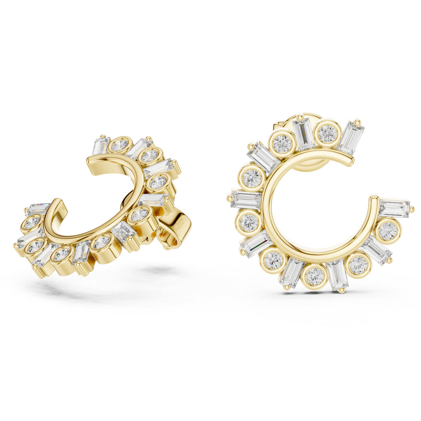 Baguette and Round Lab Grown Diamond Sunburst Hoop Earrings