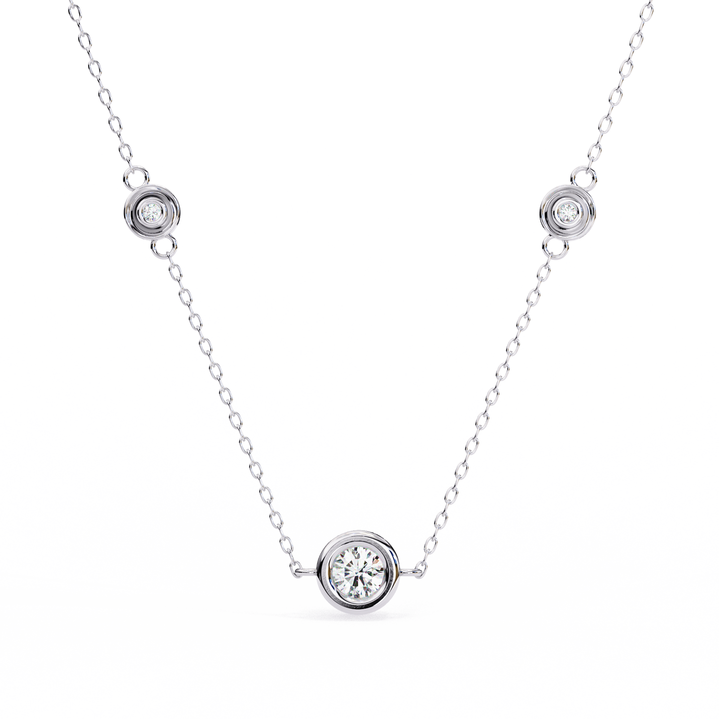 Bezel Round Lab Grown Diamond Three Stone Necklace