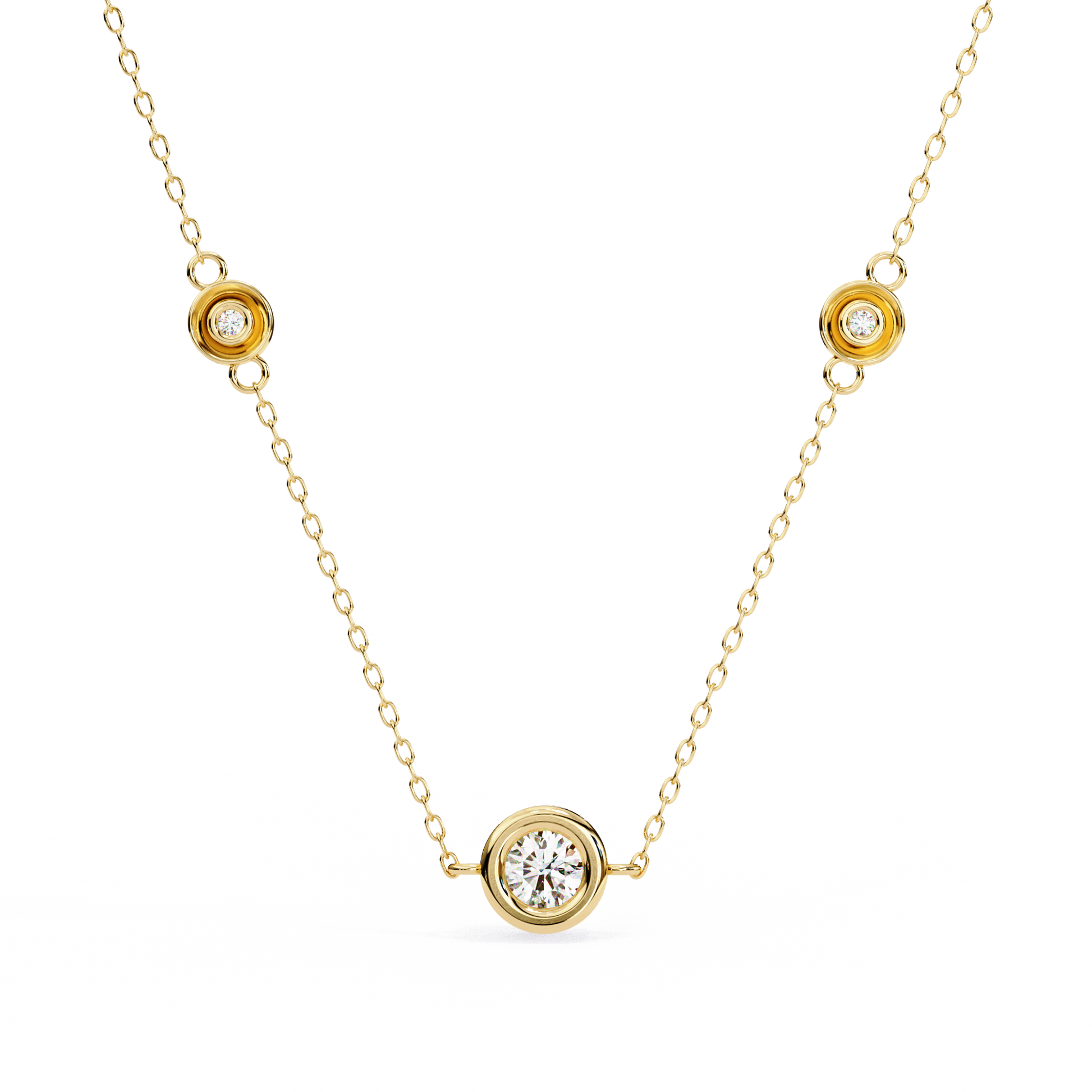 Bezel Round Lab Grown Diamond Three Stone Necklace