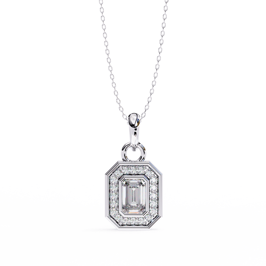 1.15 Ct Emerald Cut Lab Grown Diamond Halo Gold Pendant