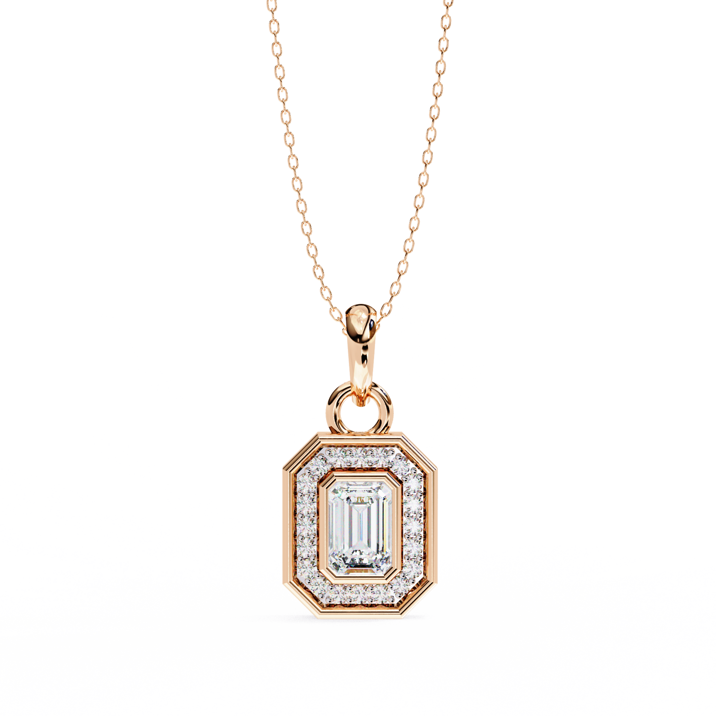 1.15 Ct Emerald Cut Lab Grown Diamond Halo Gold Pendant