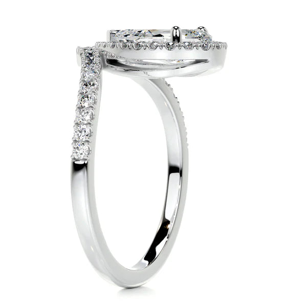 Pear Cut Moissanite Silver Curved Shank an Halo Setting Ring
