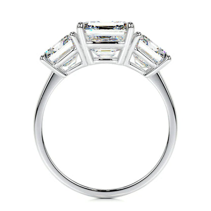 Emerald Cut Moissanite Three Stone Ring  Silver Engagement Ring