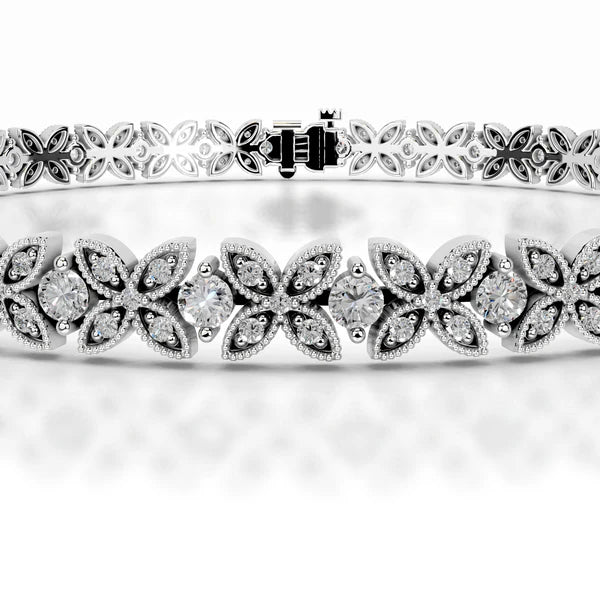 Round Cut Moissanite Clover Shape Silver Tennis Bracelet