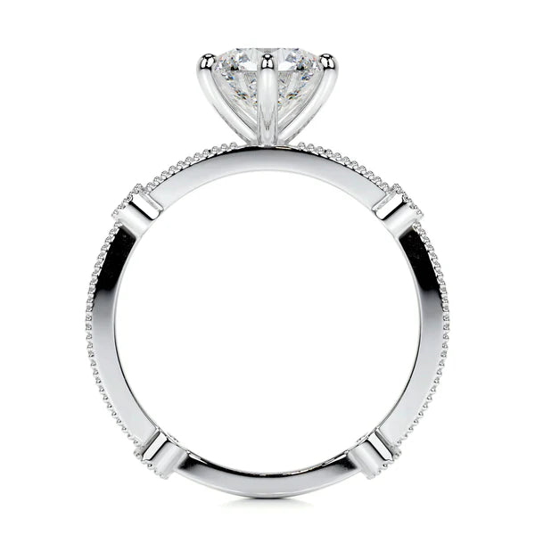 Round Cut Moissanite Mil Grain Shank Silver Engagement Ring