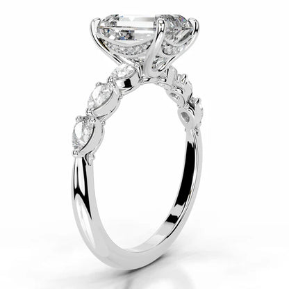 Emerald Cut Moissanite Mil Grain Shank Silver Engagement Ring