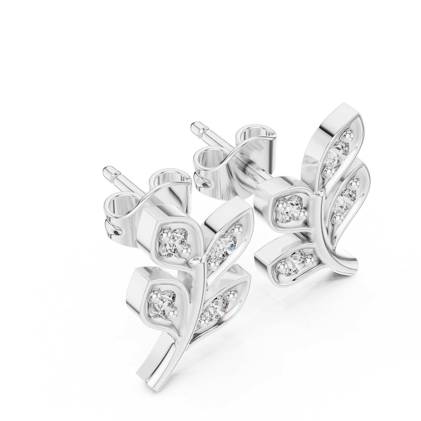 Lab Grown Diamond Leaf Branch Stud Earrings in White Gold