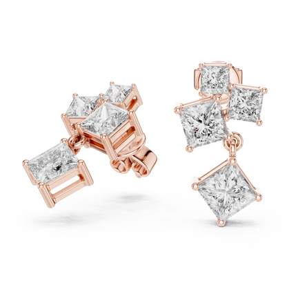 Lab Grown Diamond Princess Cut Cluster Drop Earrings in White Gold