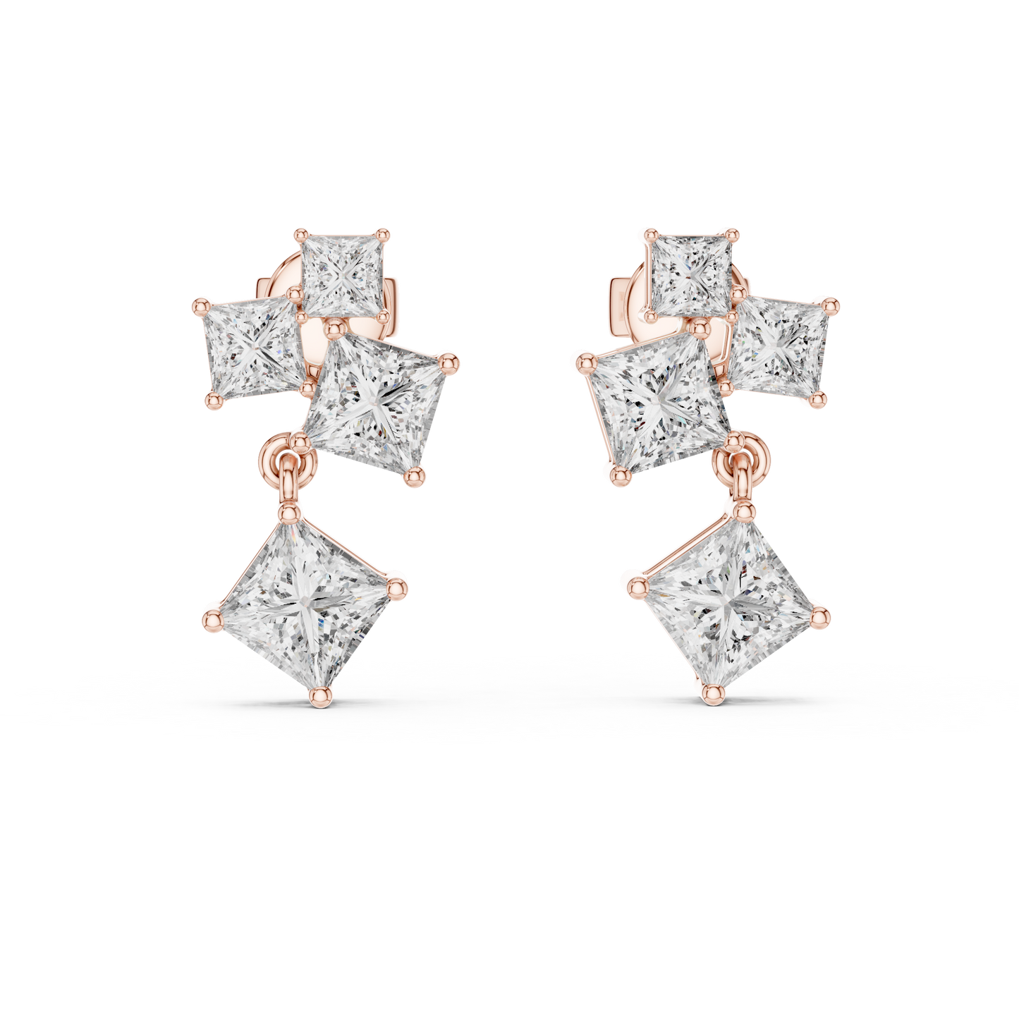 Lab Grown Diamond Princess Cut Cluster Drop Earrings in White Gold