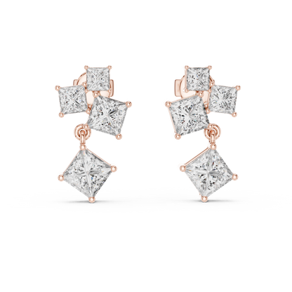 Lab Grown Diamond Princess Cut Cluster Drop Earrings in White Gold