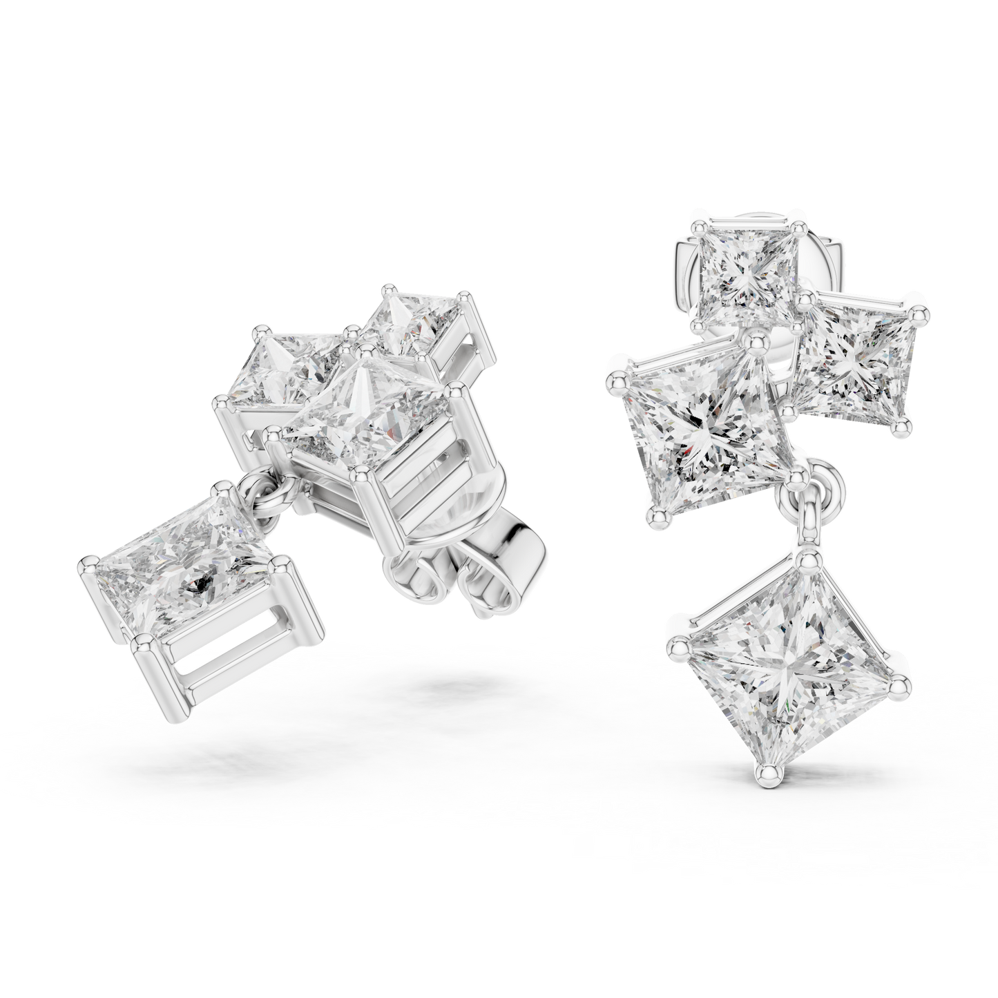 Lab Grown Diamond Princess Cut Cluster Drop Earrings in White Gold