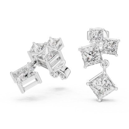 Lab Grown Diamond Princess Cut Cluster Drop Earrings in White Gold