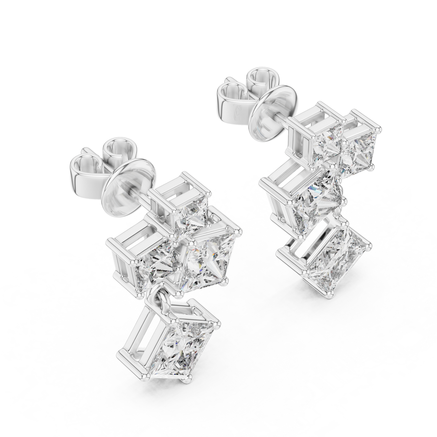 Lab Grown Diamond Princess Cut Cluster Drop Earrings in White Gold
