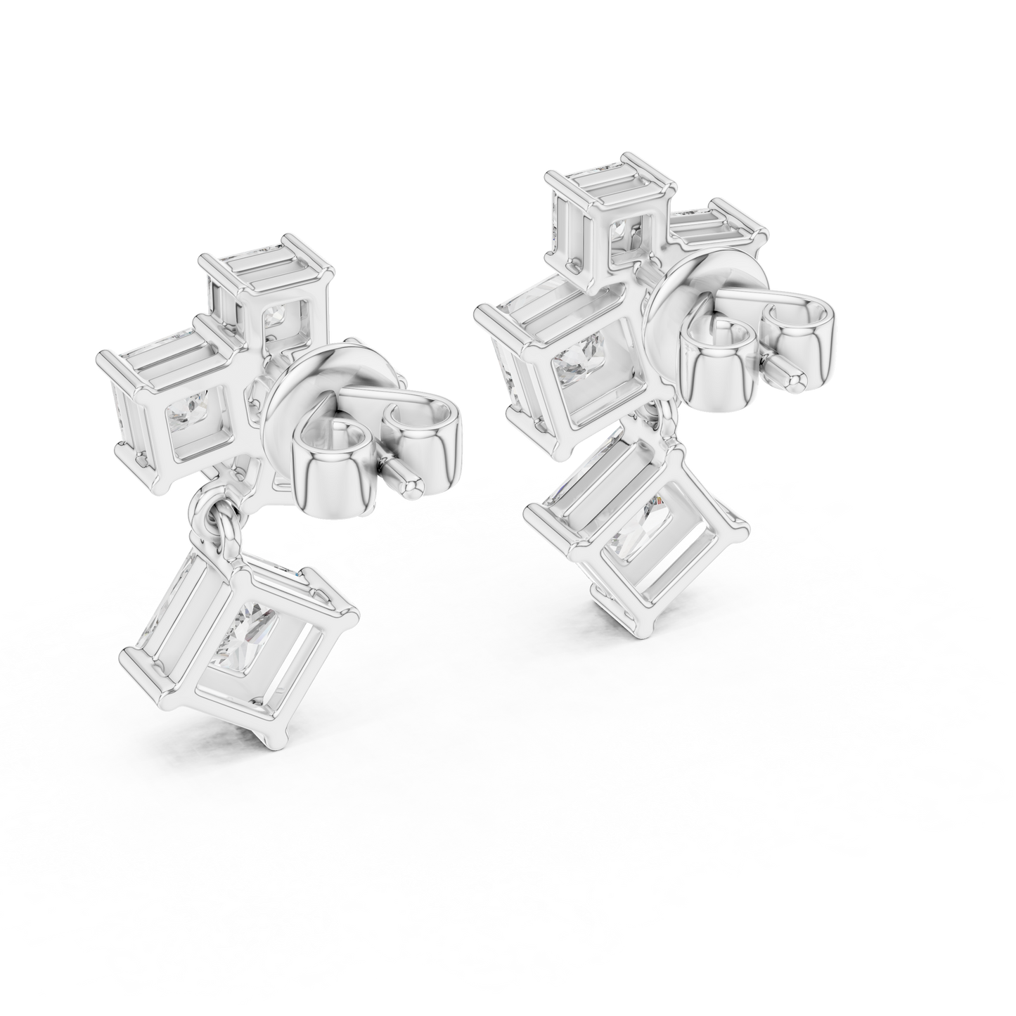 Lab Grown Diamond Princess Cut Cluster Drop Earrings in White Gold