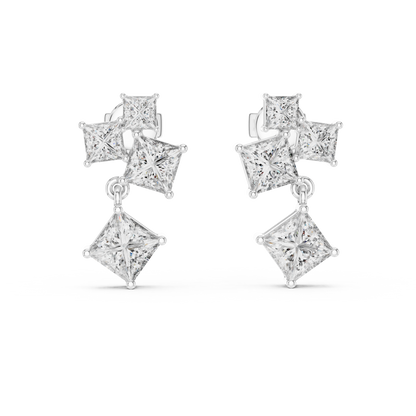 Lab Grown Diamond Princess Cut Cluster Drop Earrings in White Gold