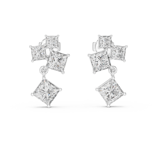 Lab Grown Diamond Princess Cut Cluster Drop Earrings in White Gold