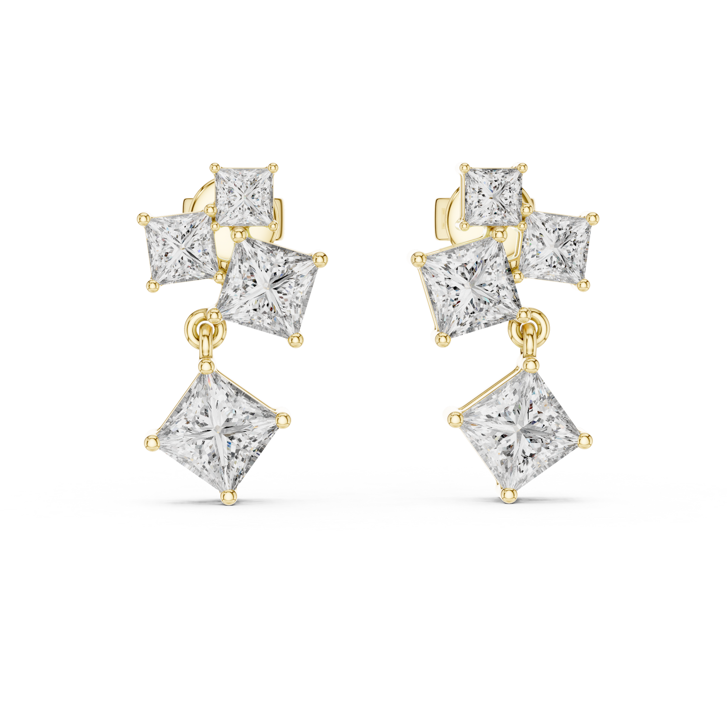 Lab Grown Diamond Princess Cut Cluster Drop Earrings in White Gold