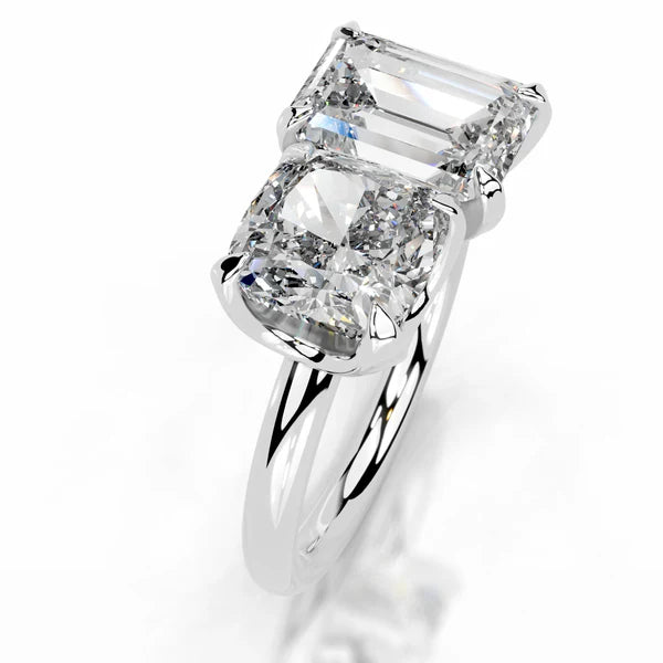 Emerald and Cushion Cut Moissanite Silver Two Stone ring Engagement Ring