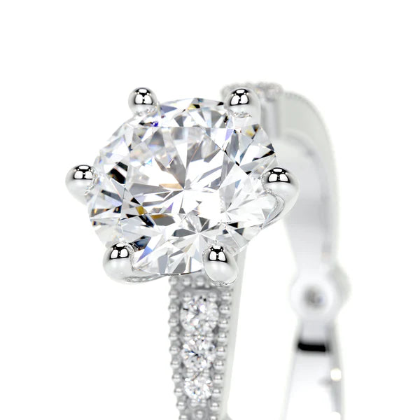 Round Cut Moissanite Mil Grain Shank Silver Engagement Ring