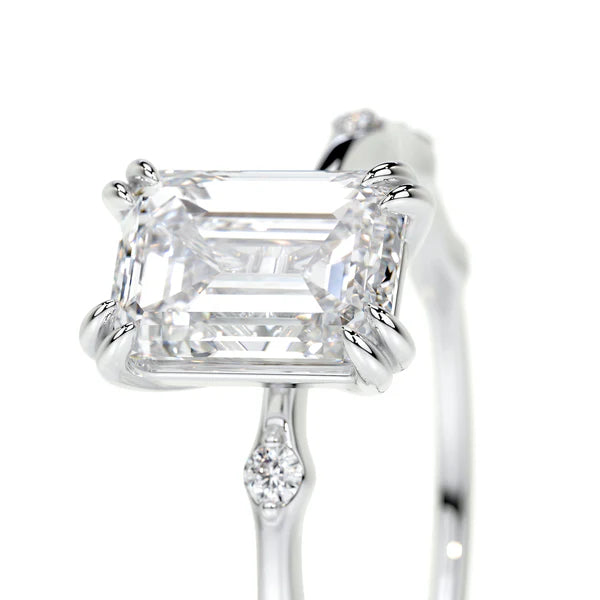 Emerald Cut Moissanite Mil Grain Shank Silver Engagement Ring