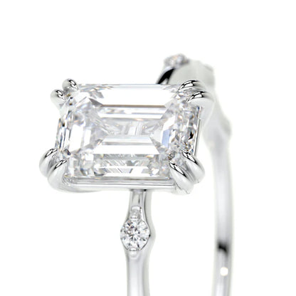 Emerald Cut Moissanite Mil Grain Shank Silver Engagement Ring