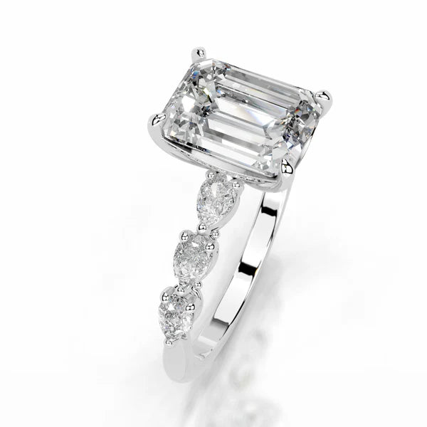 Emerald Cut Moissanite Mil Grain Shank Silver Engagement Ring
