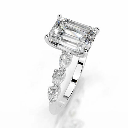 Emerald Cut Moissanite Mil Grain Shank Silver Engagement Ring