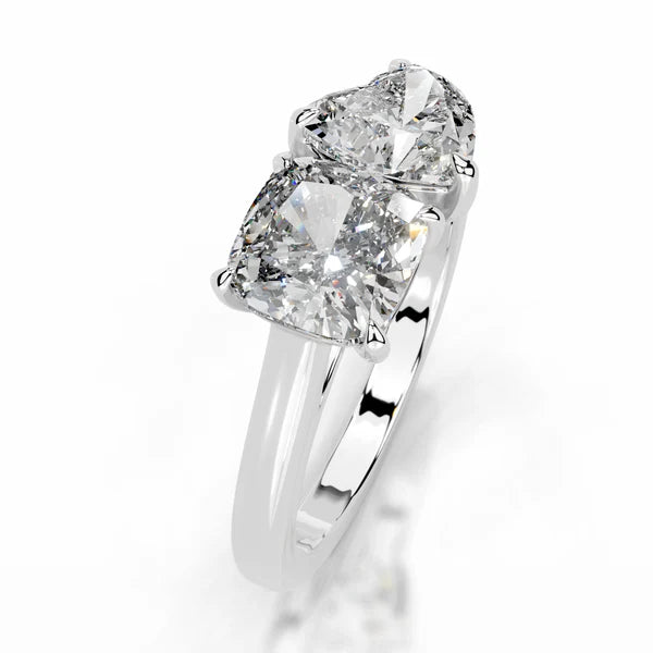 Heart and Cushion Cut Moissanite Two Stone Set Silver Ring
