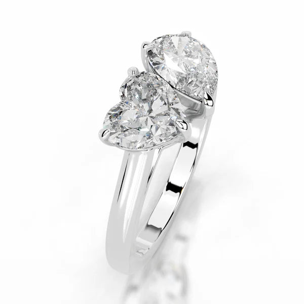 Heart and Pear Cut Moissanite Silver Two Stone  Engagement Ring