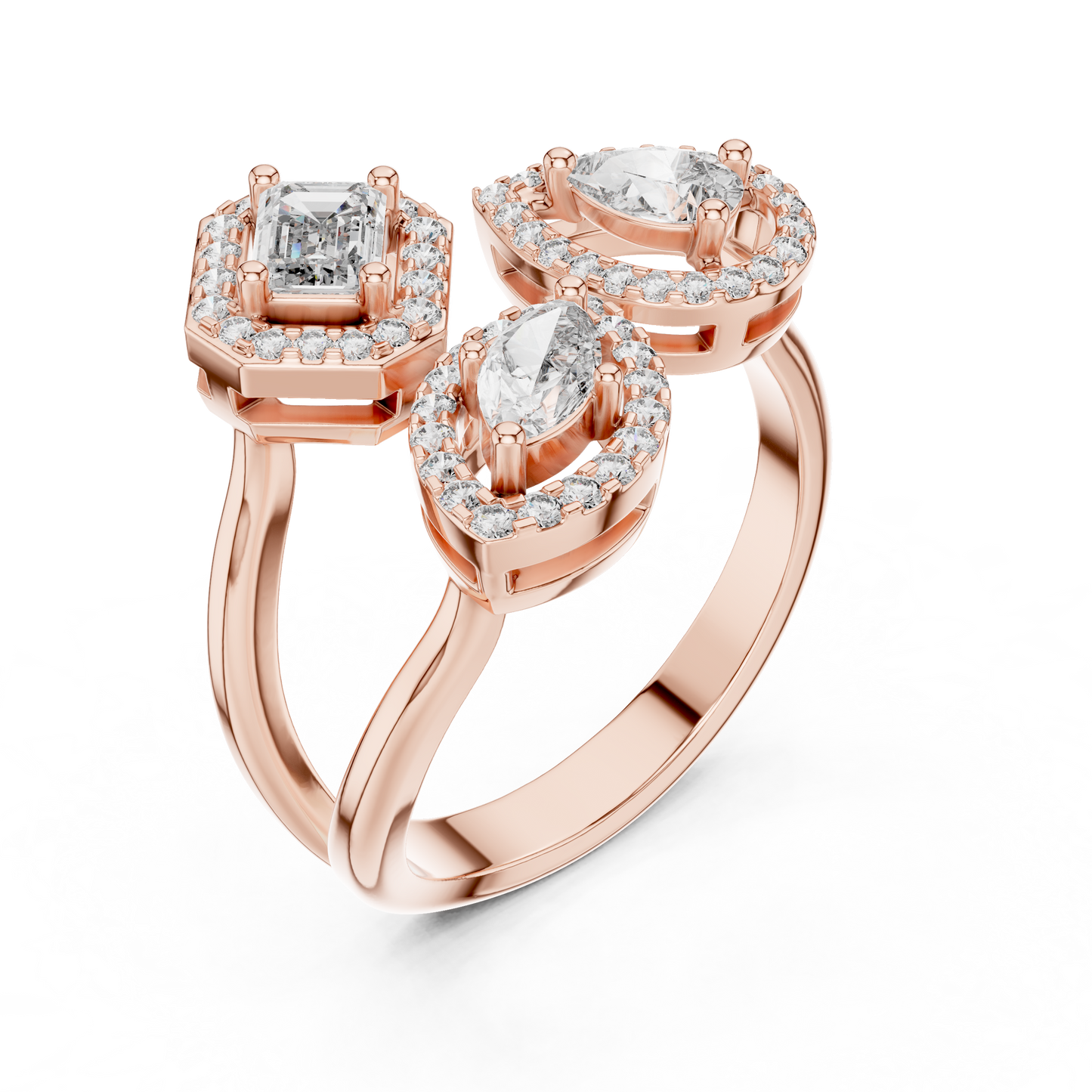 Triple Stone Multi Shape Lab Grown Diamond Halo Ring
