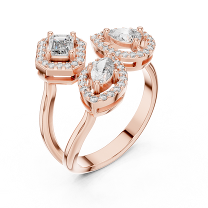 Triple Stone Multi Shape Lab Grown Diamond Halo Ring