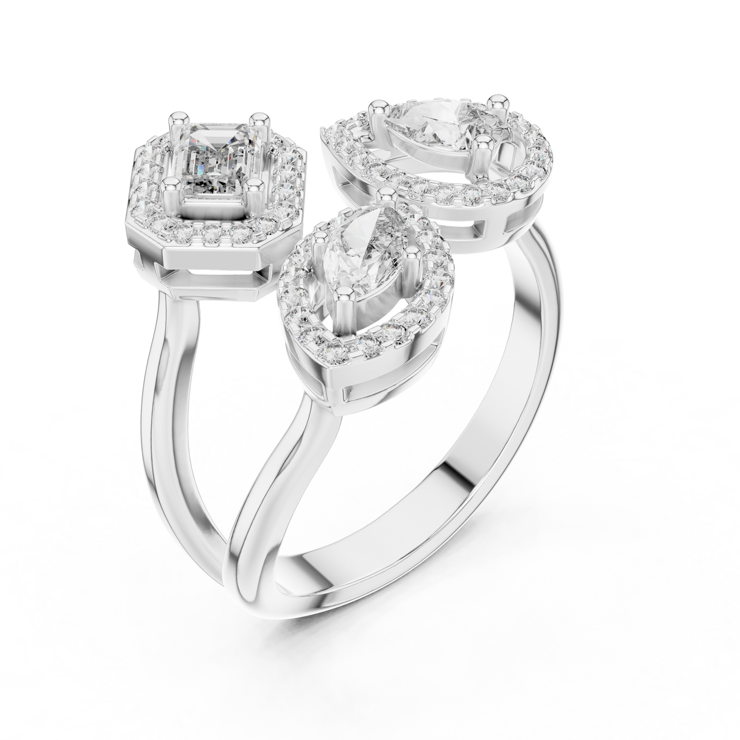 Triple Stone Multi Shape Lab Grown Diamond Halo Ring