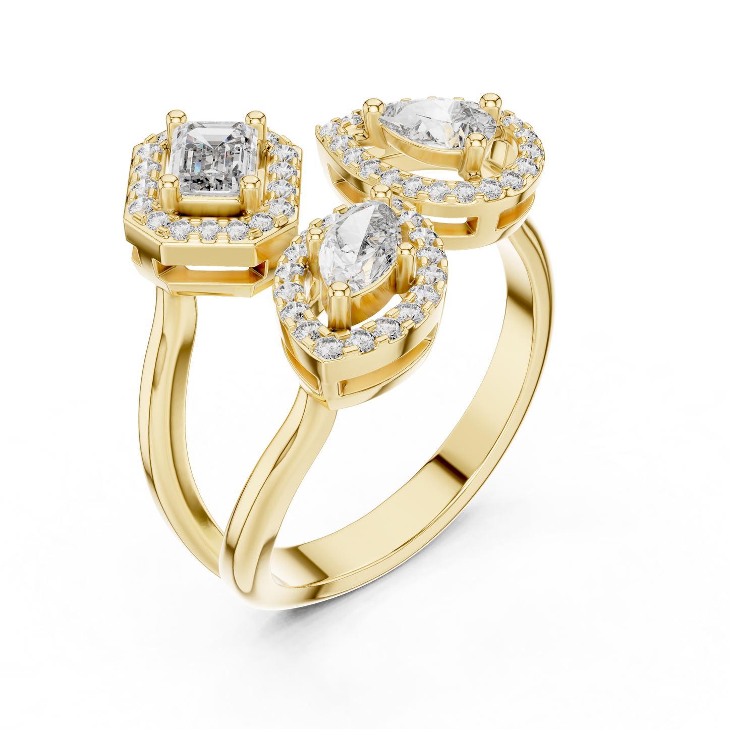 Triple Stone Multi Shape Lab Grown Diamond Halo Ring